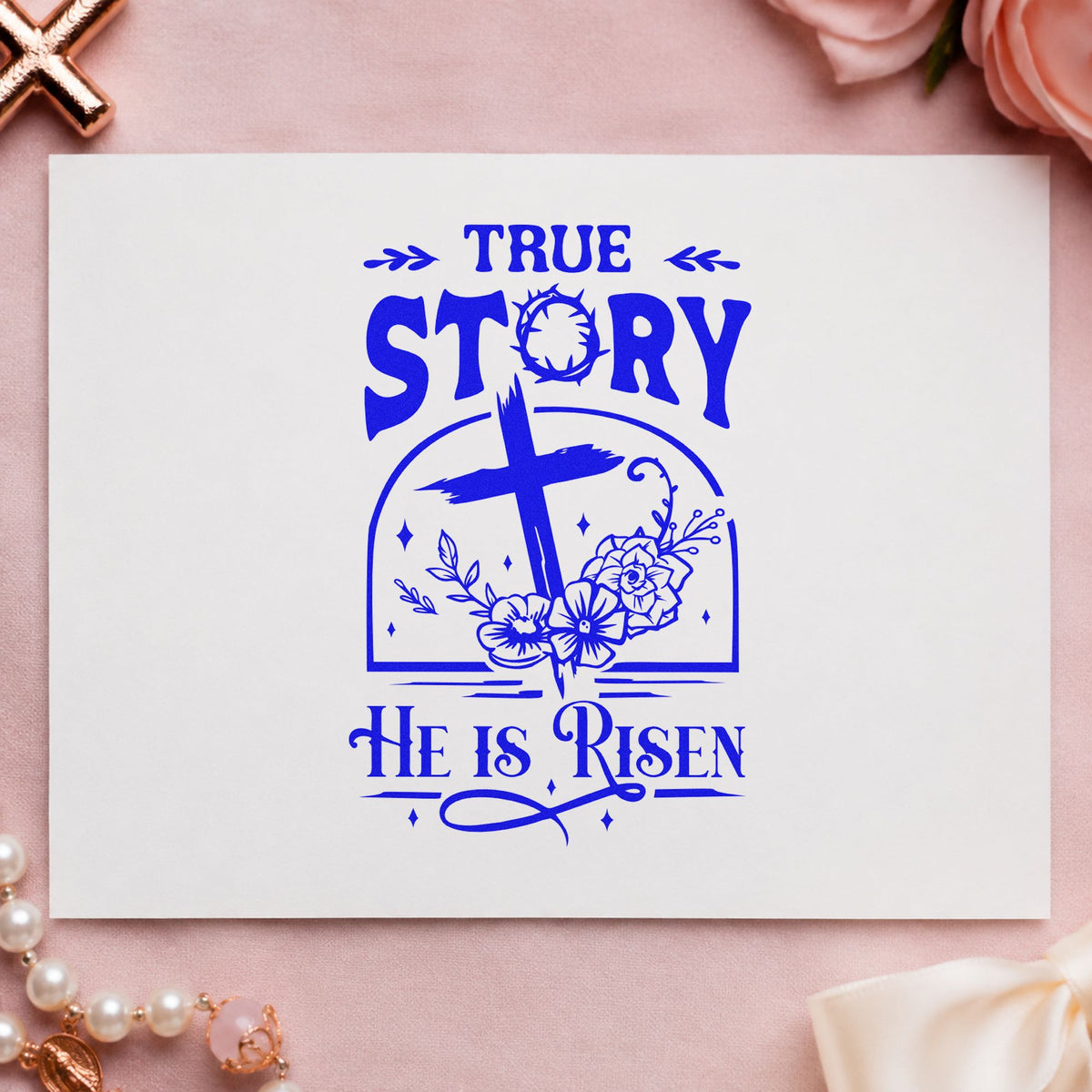 True Story Risen Arch craft stamp in blue ink on cardstock, an easy option for gift bag stamping.