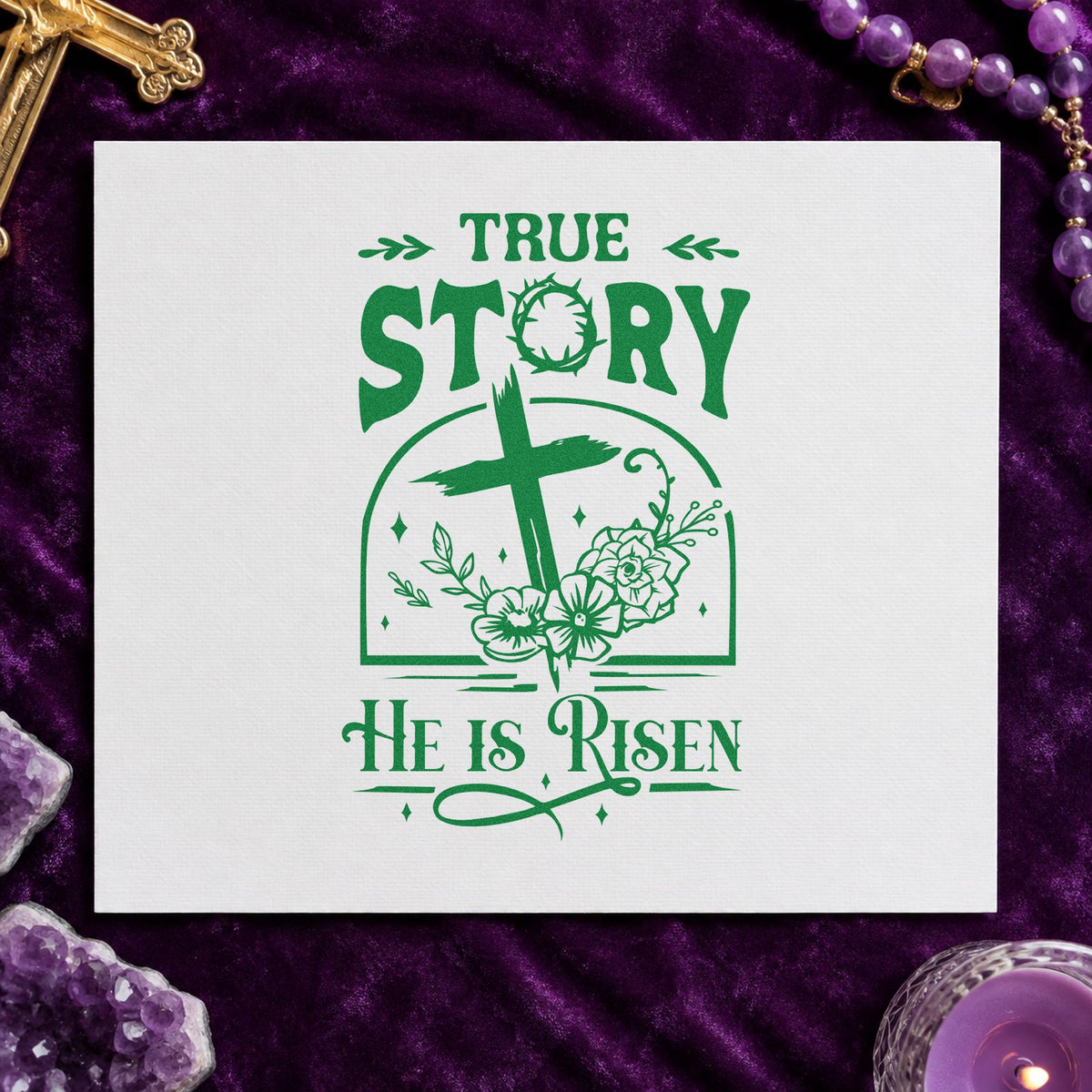 True Story Risen Arch craft stamp imprint in green ink on a handmade project, one idea being grandparent easter mail.