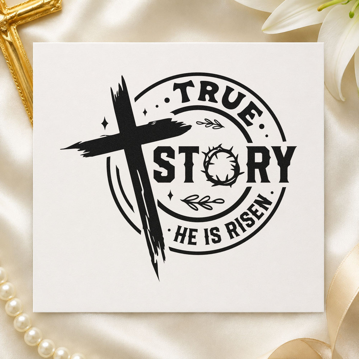 True Story Risen Badge rubber stamp printed in black ink, ready for scrapbook badge pages and similar paper crafts.