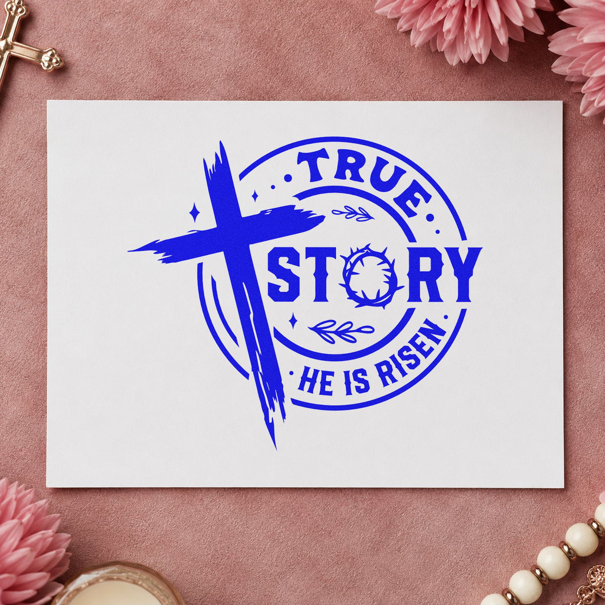 True Story Risen Badge craft stamp in blue ink on cardstock, an easy option for cupcake toppers.