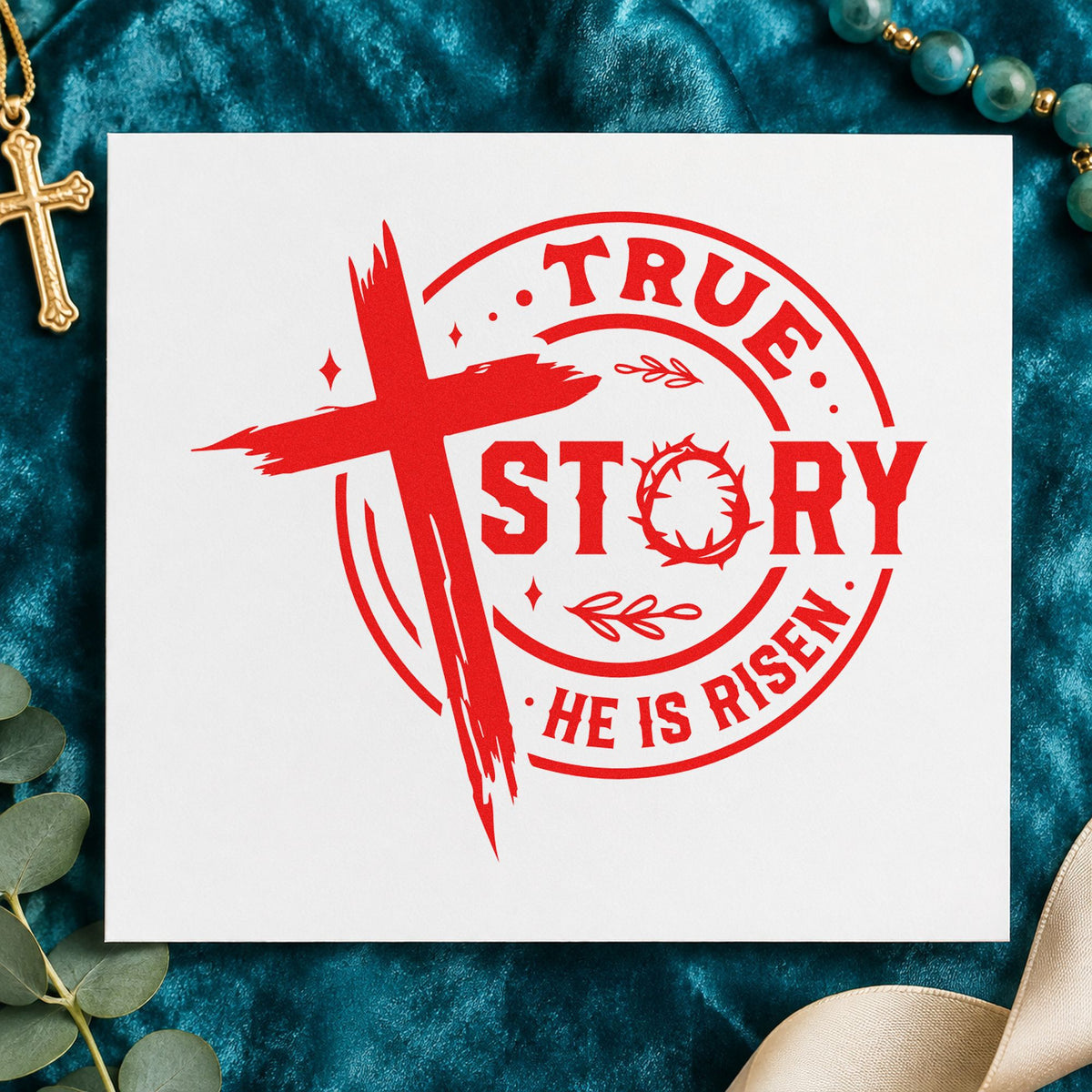 True Story Risen Badge rubber stamp shown in red ink, stamped for projects such as gift box seals.