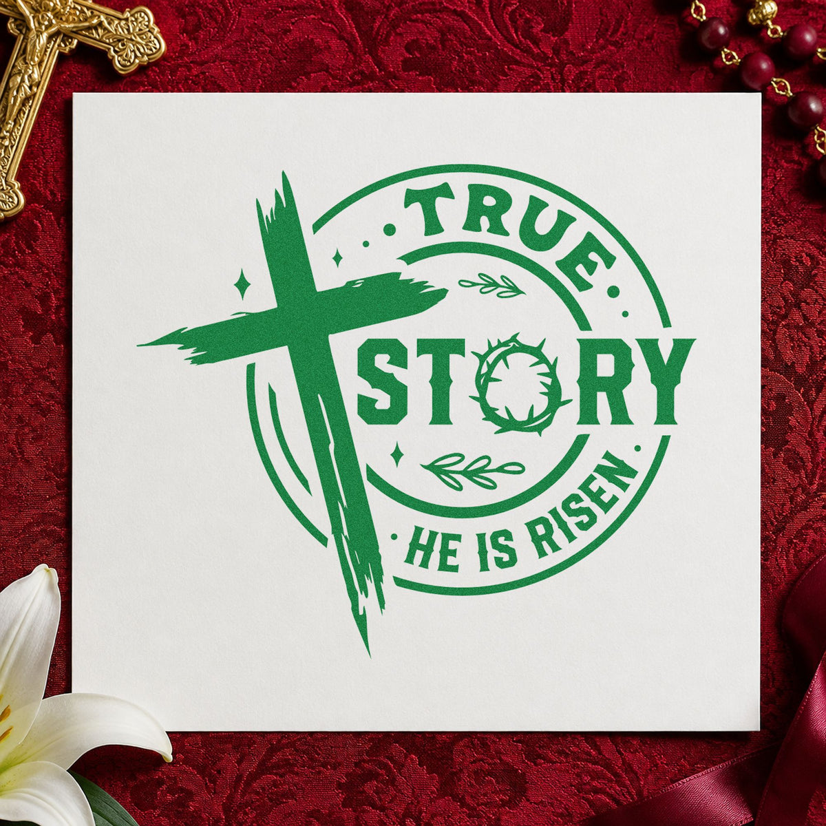 True Story Risen Badge craft stamp imprint in green ink on a handmade project, one idea being planner holiday marks.