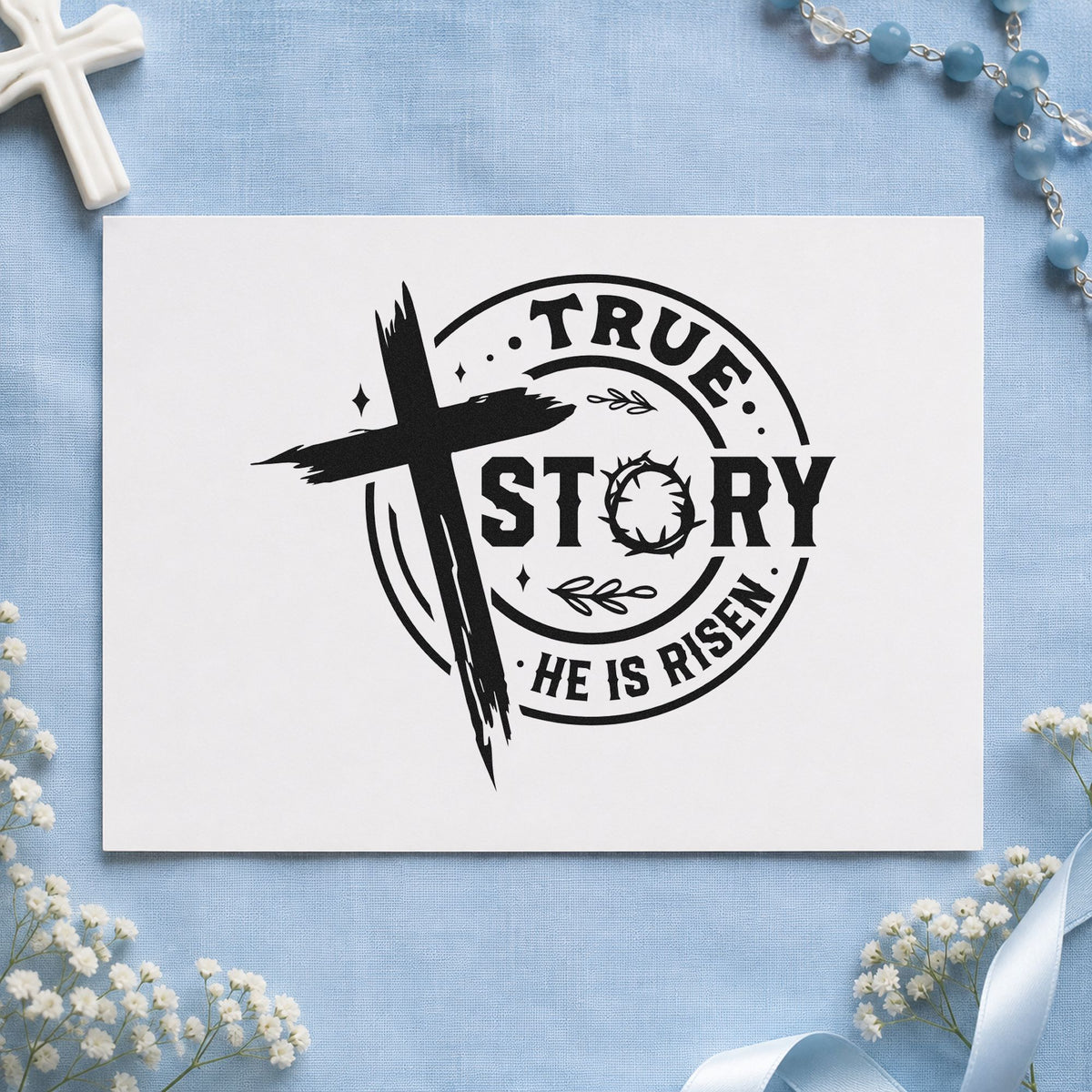 True Story Risen Badge rubber stamp printed in black ink, ready for round badge cards and similar paper crafts.