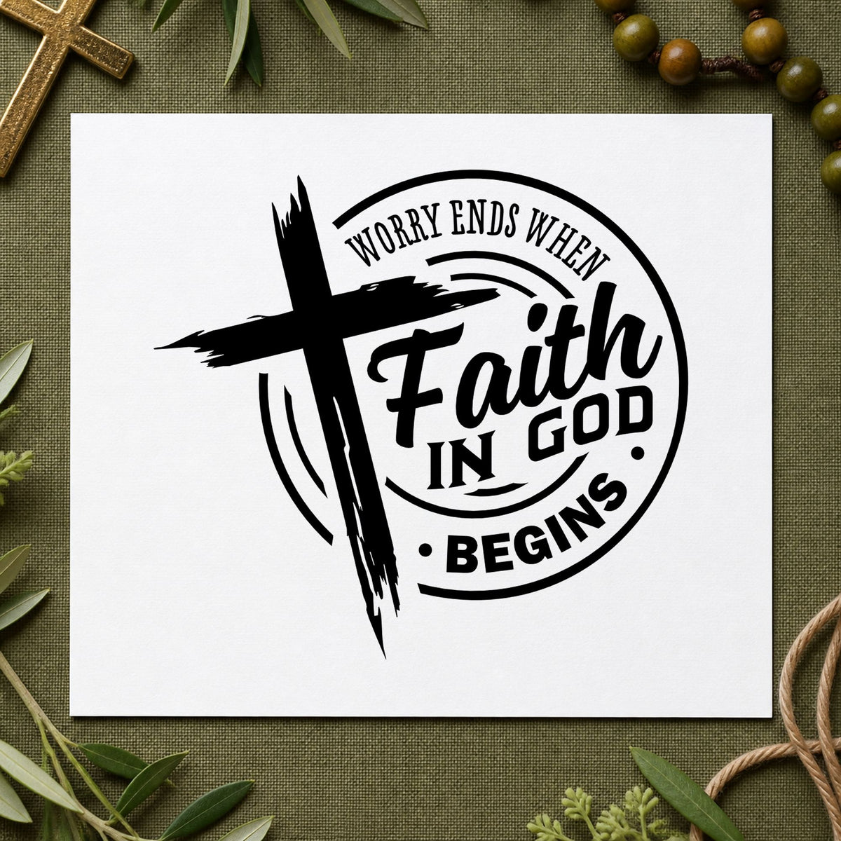 Faith Begins Where Worry Ends craft stamp imprint in black ink on a handmade project, one idea being prayer journal headers.