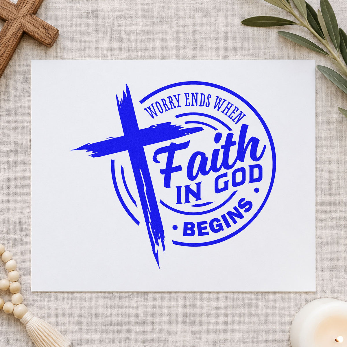 Faith Begins Where Worry Ends craft stamp in blue ink on cardstock, an easy option for scrapbook faith pages.