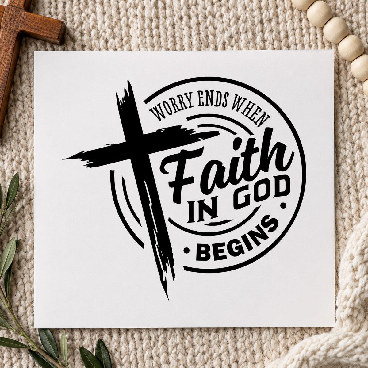 Faith Begins Where Worry Ends rubber stamp printed in black ink, ready for anxiety support cards and similar paper crafts.