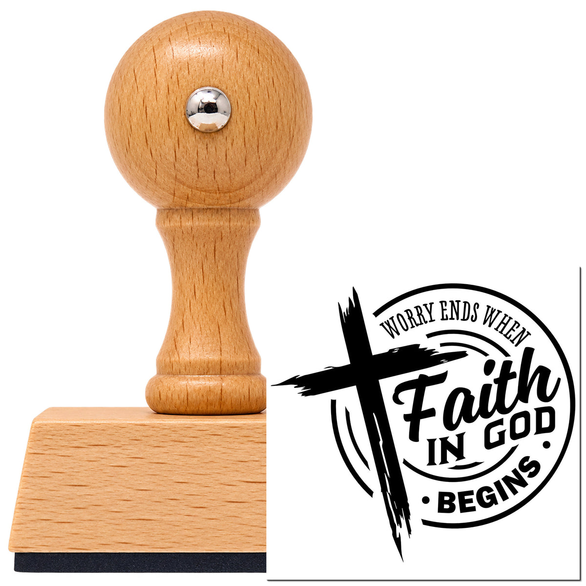 Vintage Pro beech wood stamp with a round knob handle, shown with its black Worry Ends Where Faith In God Begins imprint on white.