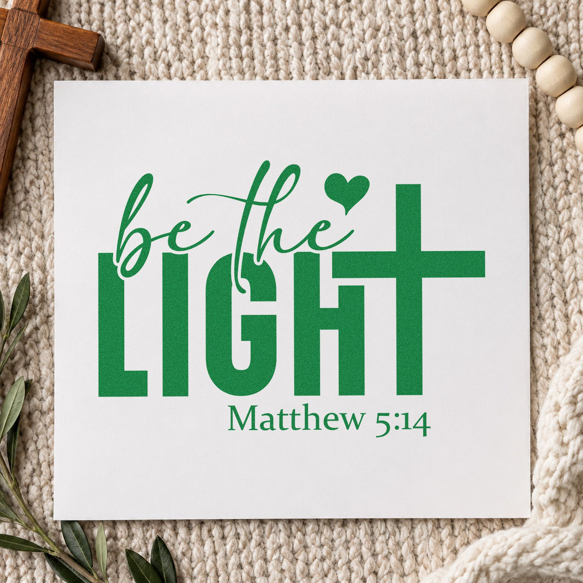Be the Light craft stamp in green ink on cardstock, an easy option for baptism keepsakes.