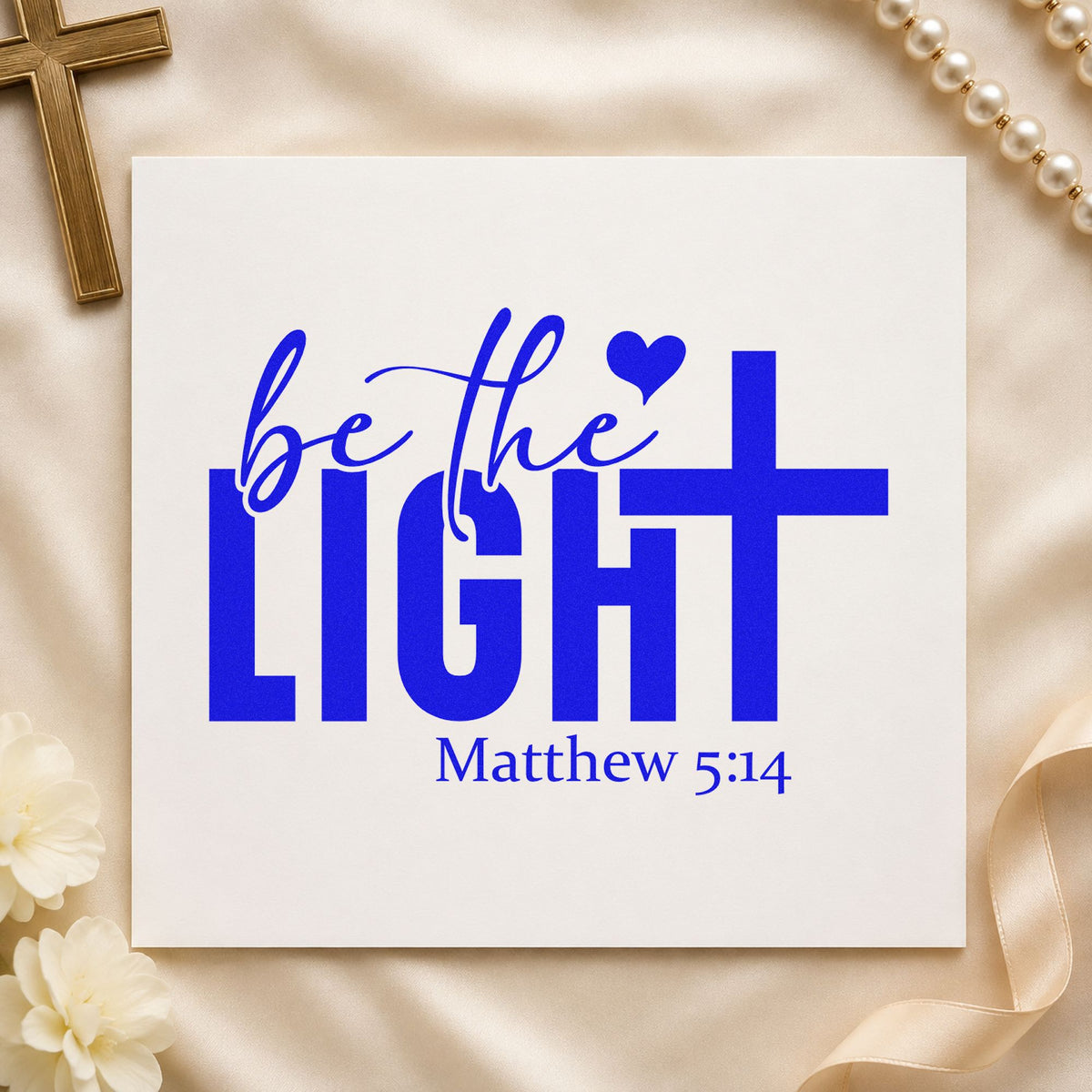 Be the Light craft stamp in blue ink on cardstock, an easy option for scrapbook youth pages.