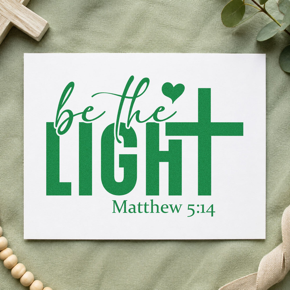 Be the Light craft stamp imprint in green ink on a handmade project, one idea being framed nursery art.