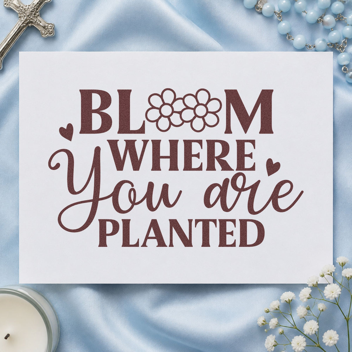 Bloom Where You Are Planted craft stamp imprint in brown ink on a handmade project, one idea being career restart cards.