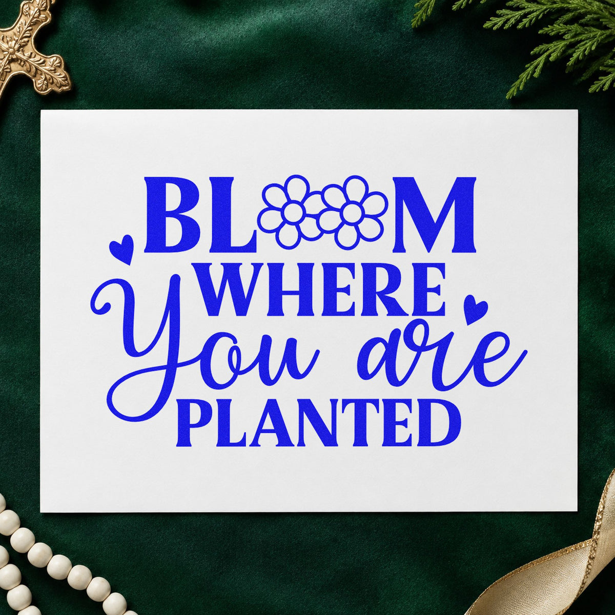 Bloom Where You Are Planted craft stamp imprinted in blue ink on paper, a design suited to scrapbook new home pages.