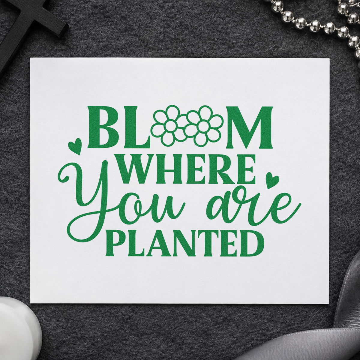 Bloom Where You Are Planted craft stamp imprint in green ink on a handmade project, one idea being framed kitchen art.