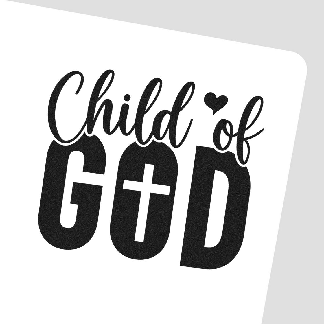 Black Child of God stamp and seal design with heart and cross, bold script and block lettering on white background.