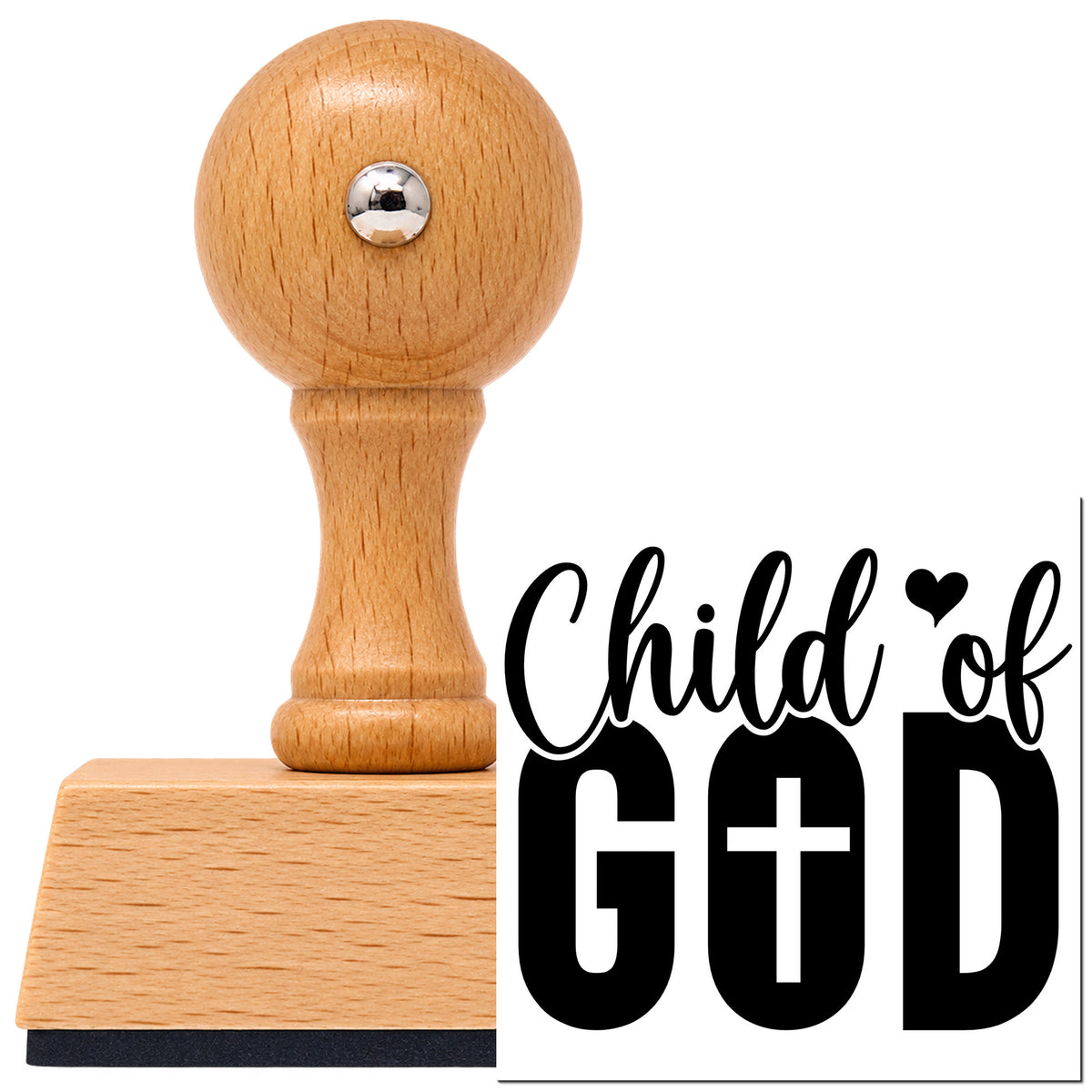 Vintage Pro beech wood stamp with a round knob handle, shown with its black Child Of God With Cross imprint on white.