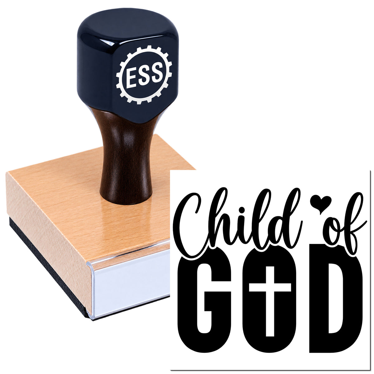 Dark blue ESI rubber stamp and seal on a wooden block, with black-and-white "Child of God" text and heart design.