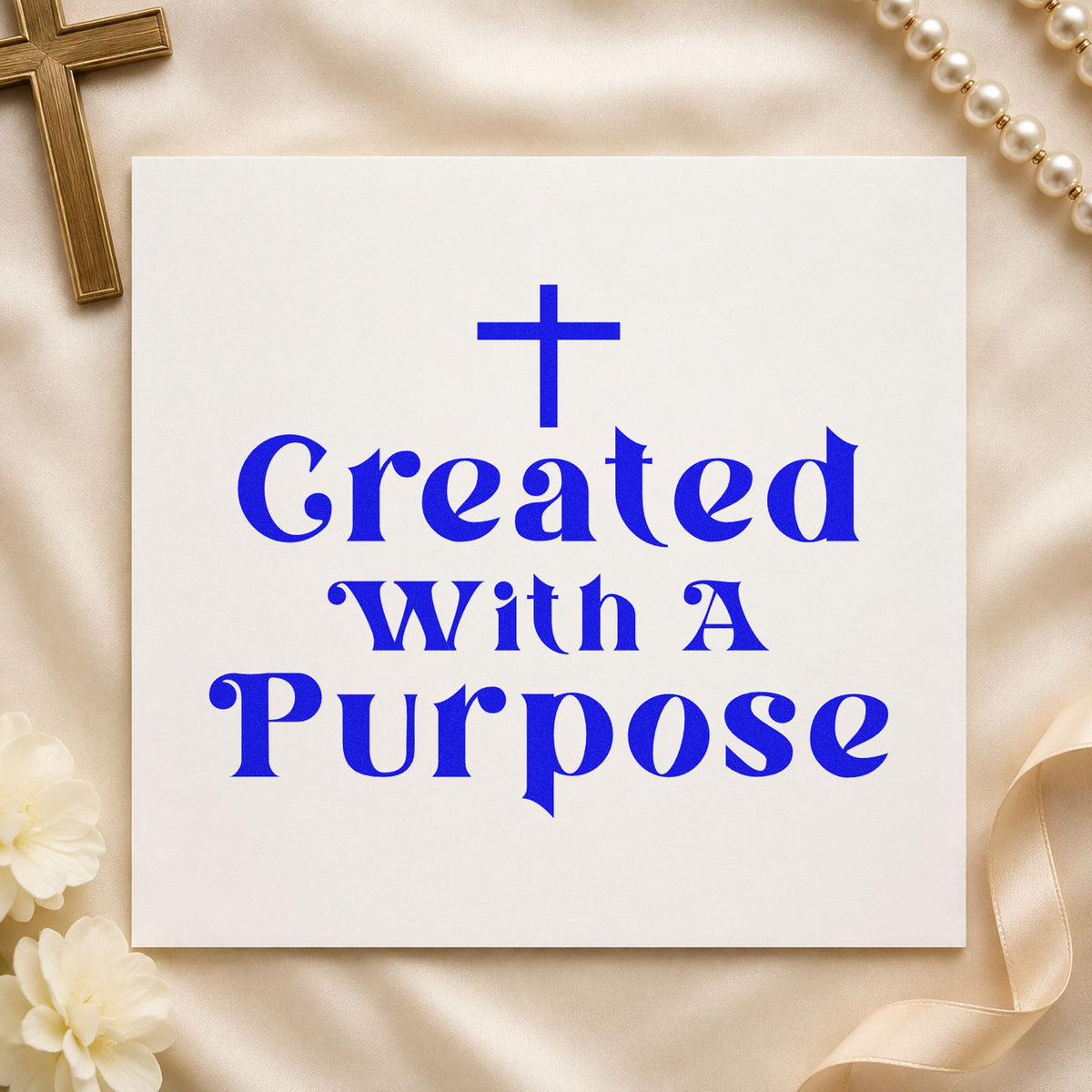 Created with a Purpose craft stamp imprinted in blue ink on paper, a design suited to canvas totes.