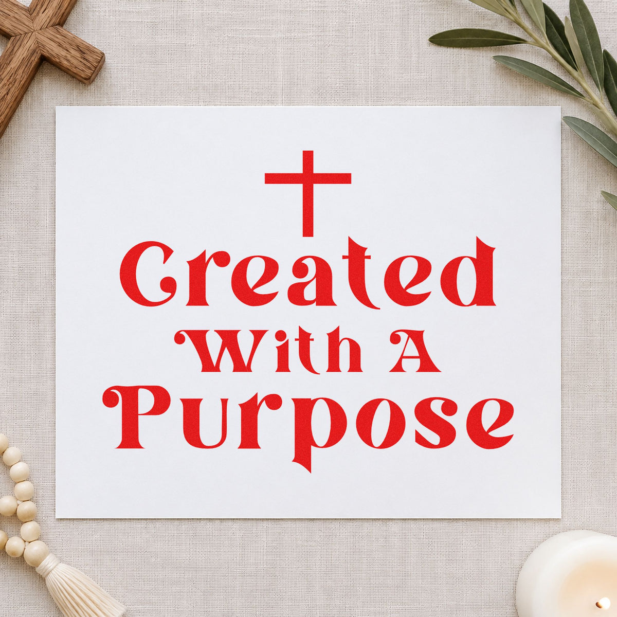 Created with a Purpose rubber stamp shown in red ink, stamped for projects such as journal cover stamping.