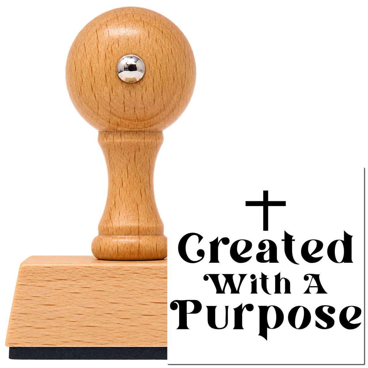 Vintage Pro beech wood stamp with a round knob handle, shown with its black Created With A Purpose imprint on white.
