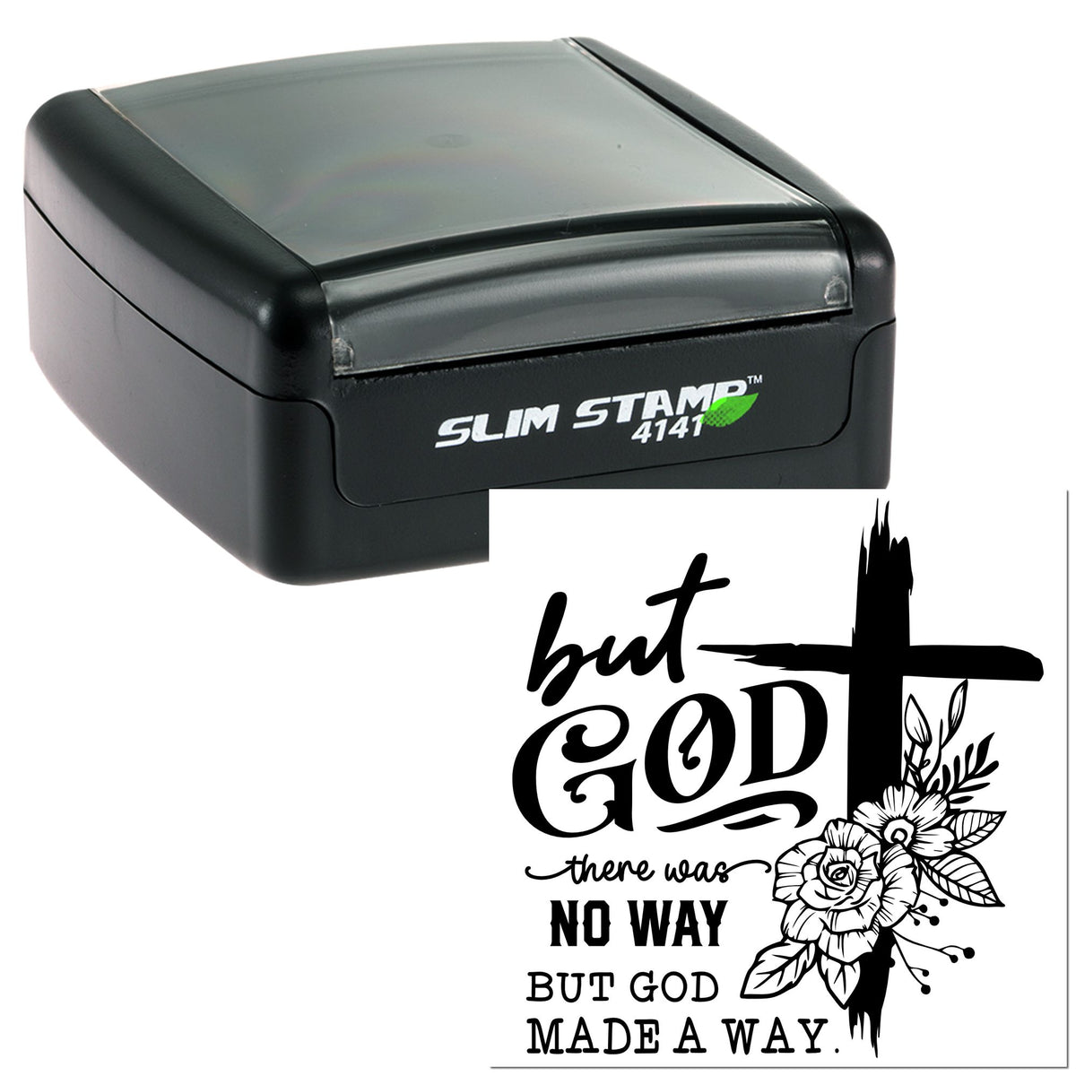 Black Slim Stamp 4141 with translucent gray cover beside a black Christian seal design reading but God made a way.