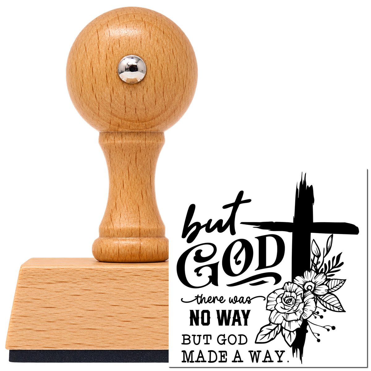 Vintage Pro beech wood stamp with a round knob handle, shown with its black There Was No Way But God Made A Way Brushstroke Cross imprint on white.