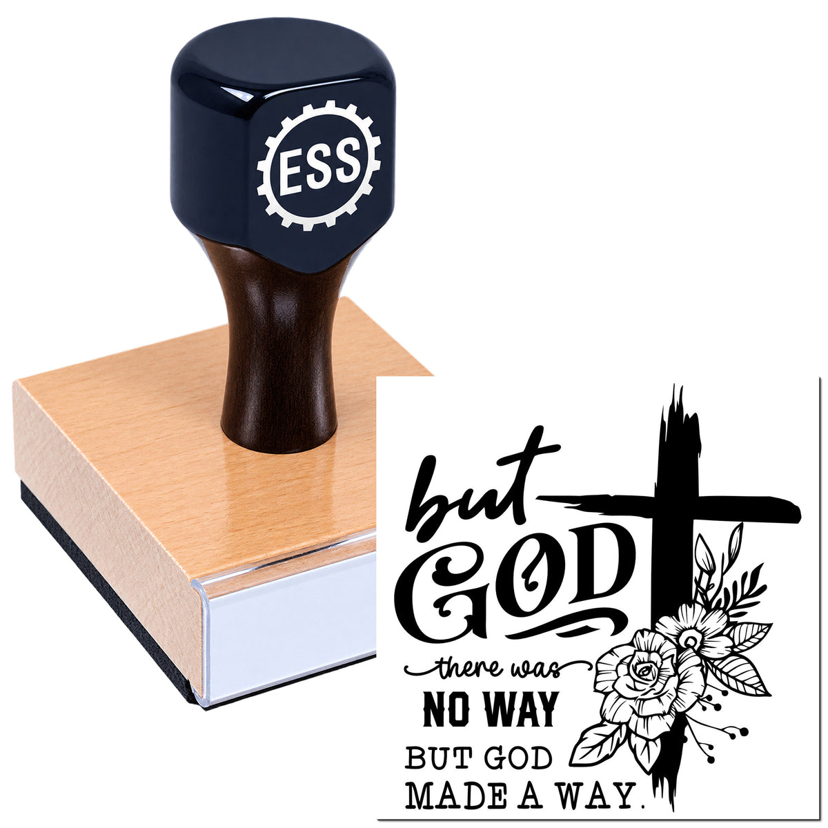 Blue ESS rubber stamp on a wooden block with a black floral cross seal reading "but GOD...there was no way."