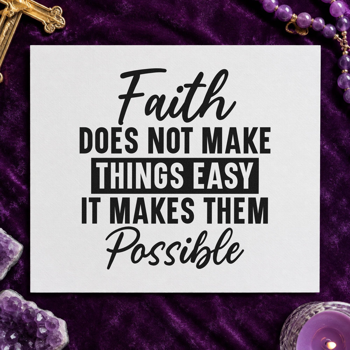 Faith Makes Things Possible craft stamp imprint in black ink on a handmade project, one idea being prayer journal headers.