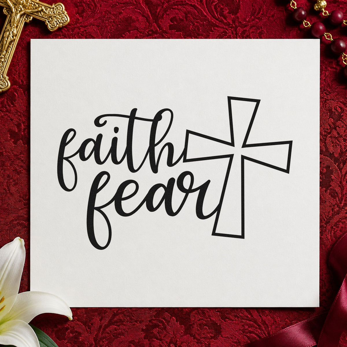Faith over Fear Cross craft stamp imprint in black ink on a handmade project, one idea being uncertainty journals.