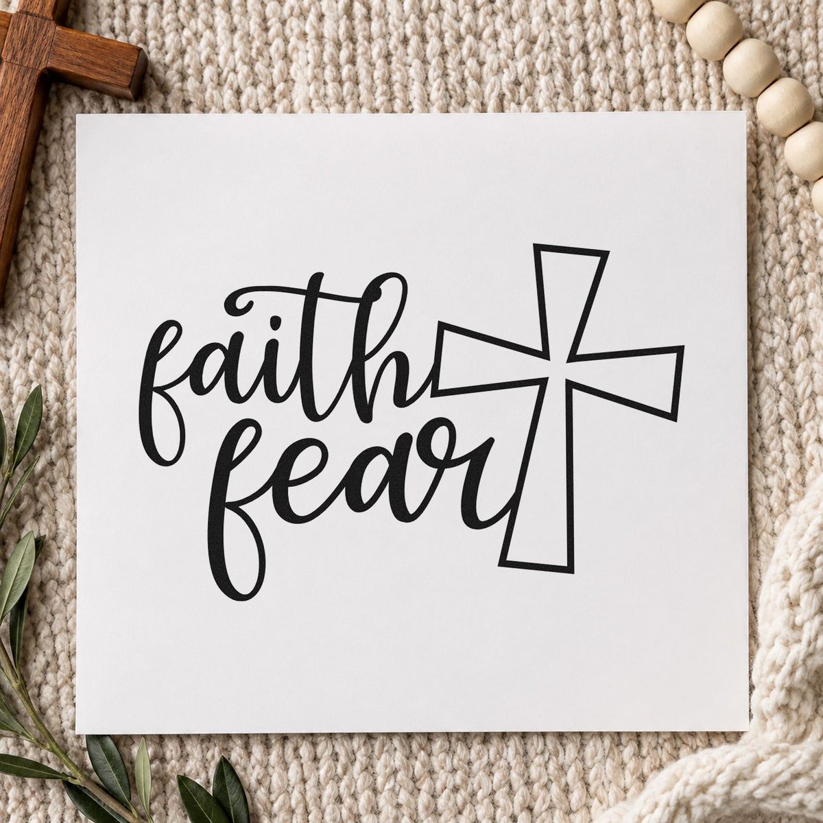 Faith over Fear Cross rubber stamp printed in black ink, ready for canvas totes and similar paper crafts.