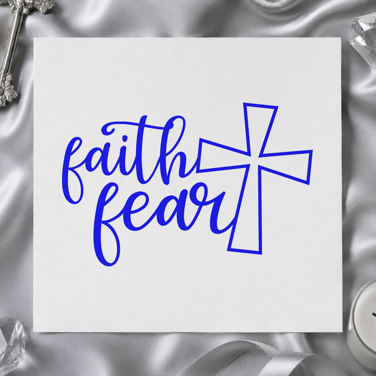 Faith over Fear Cross craft stamp in blue ink on cardstock, an easy option for scrapbook faith pages.