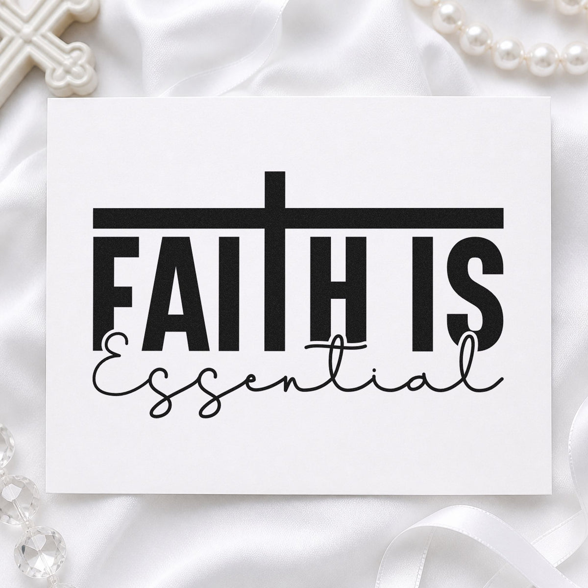 Faith Is Essential rubber stamp printed in black ink, ready for scrapbook title blocks and similar paper crafts.