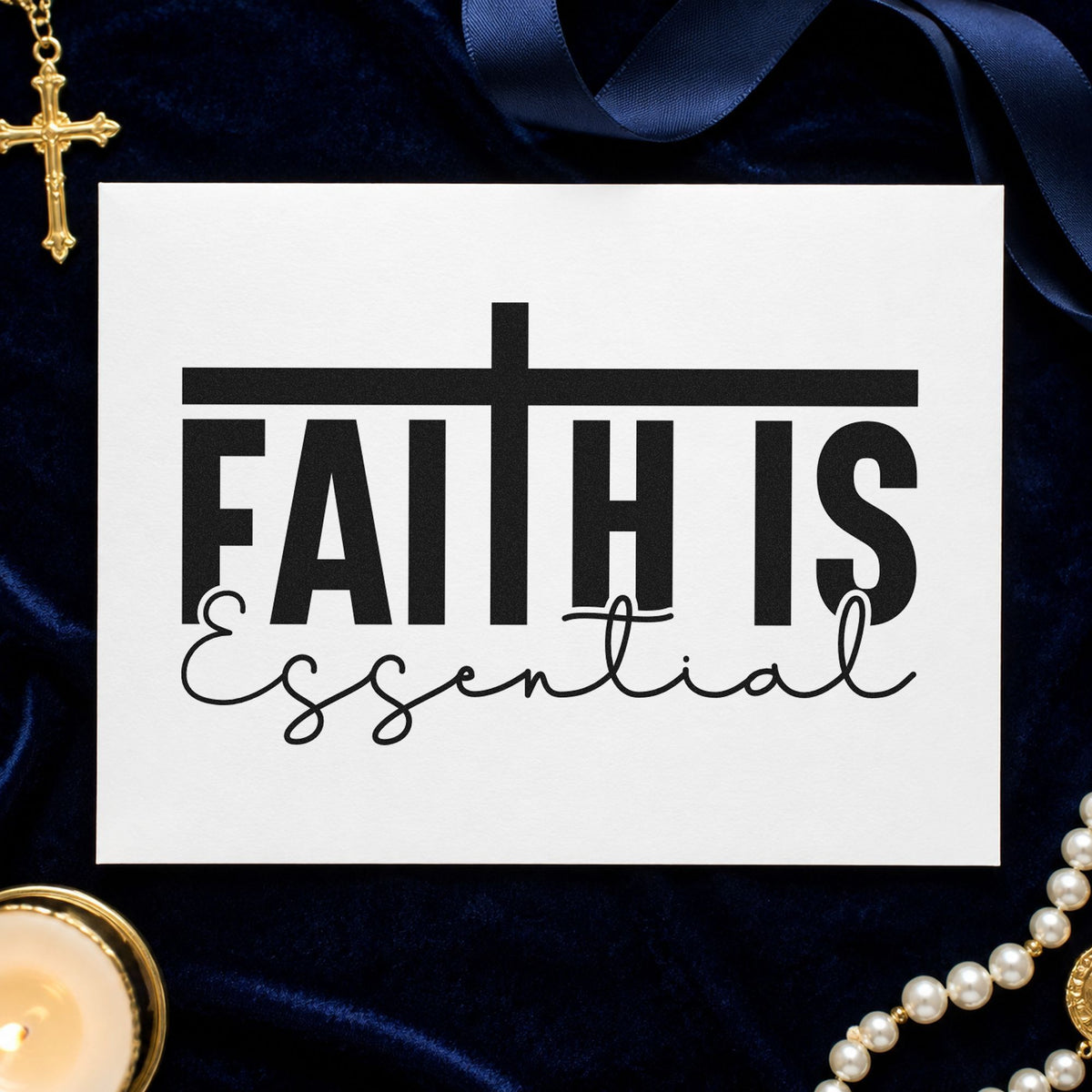 Faith Is Essential rubber stamp printed in black ink, ready for minimalist cards and similar paper crafts.