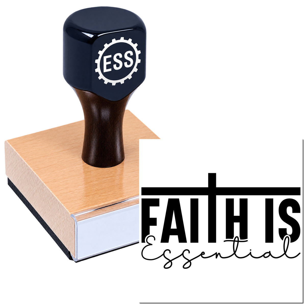 Black ESS rubber stamp seal on a wooden block with white-and-black Faith Is Essential branding.