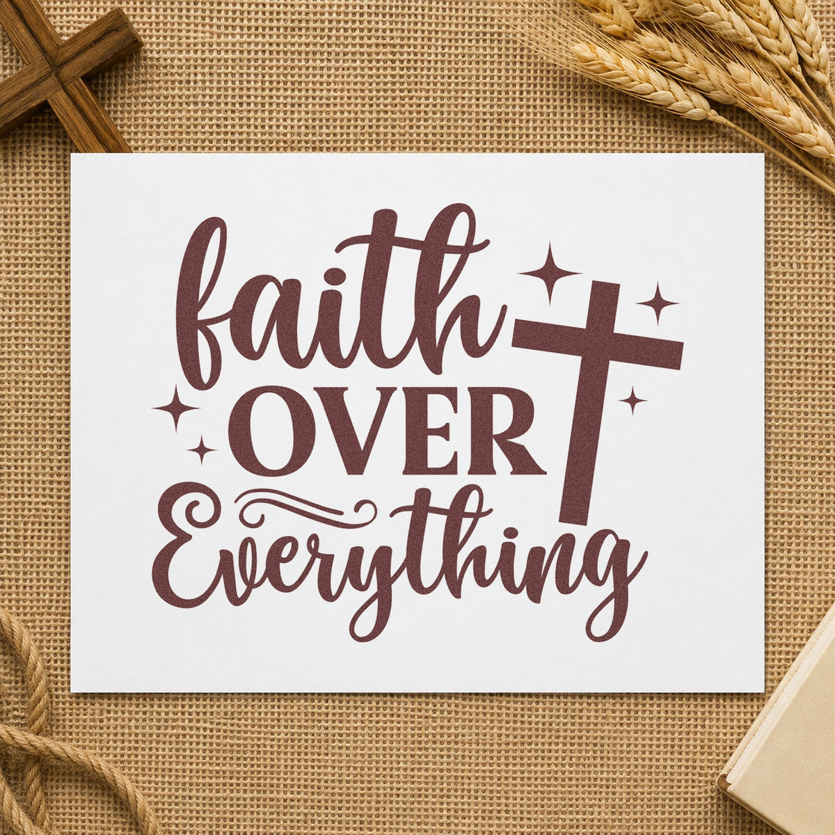 Faith over Everything craft stamp imprint in brown ink on a handmade project, one idea being journal cover stamping.