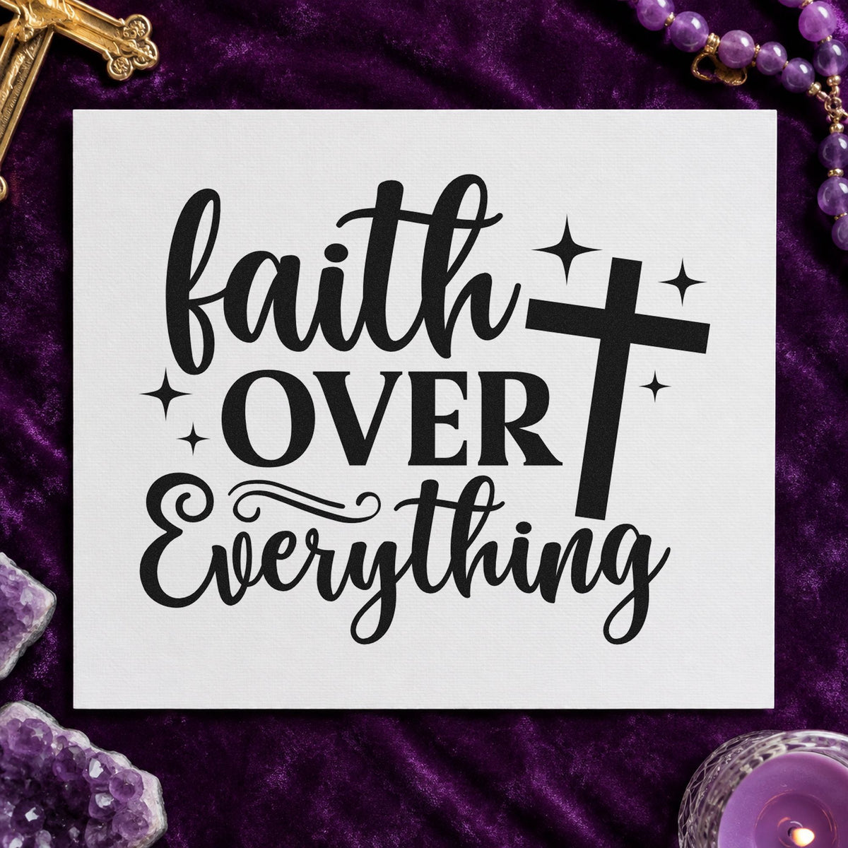 Faith over Everything rubber stamp printed in black ink, ready for scrapbook title pages and similar paper crafts.