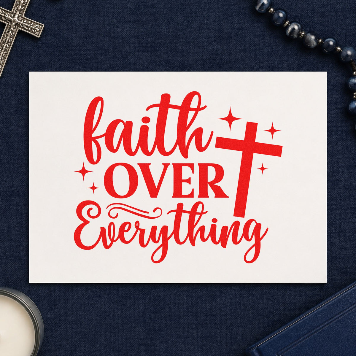 Faith over Everything rubber stamp shown in red ink, stamped for projects such as sunday school rewards.