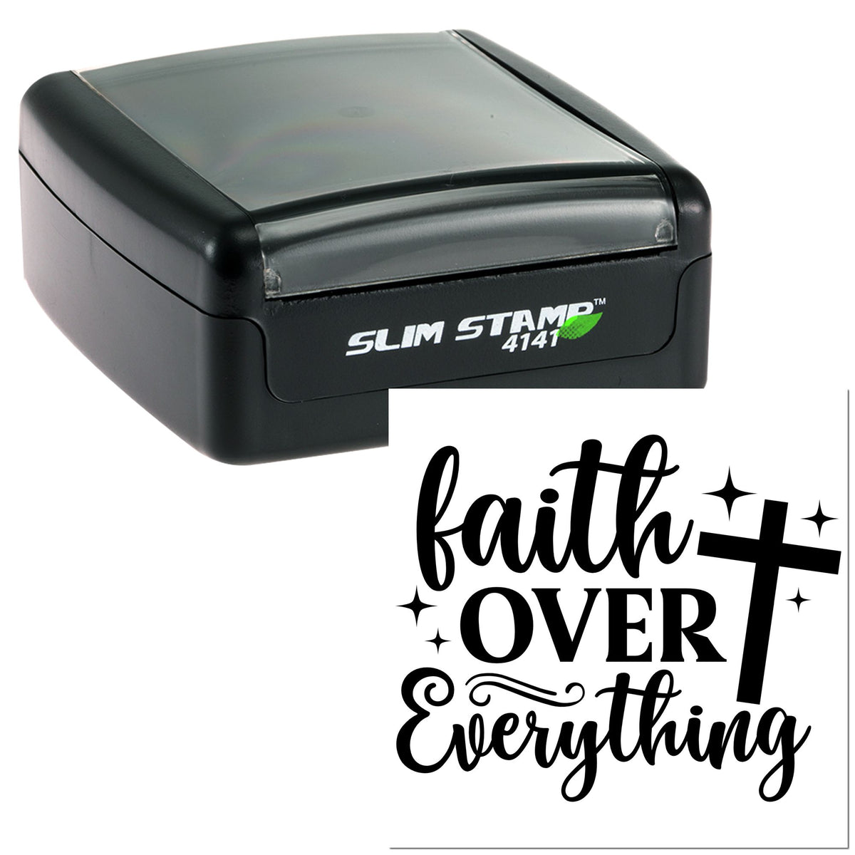 Black Slim Stamp self-inking stamp with clear lid beside a black faith over everything cross seal design.