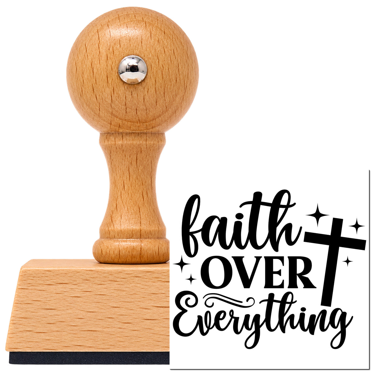 Vintage Pro beech wood stamp with a round knob handle, shown with its black Faith Over Everything With Cross imprint on white.