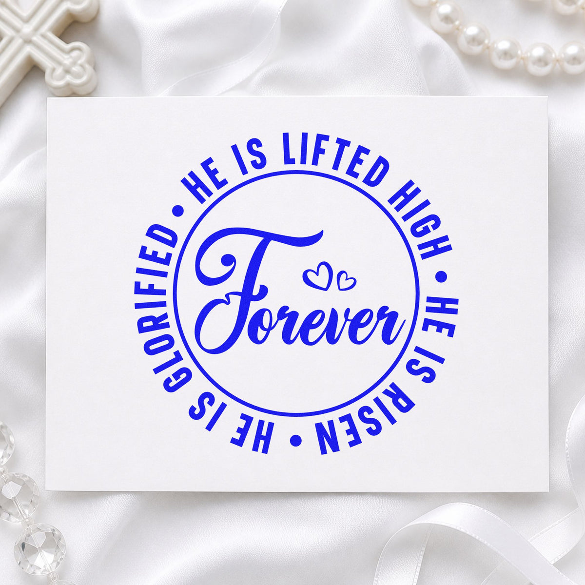Forever He Is Risen craft stamp in blue ink on cardstock, an easy option for spring candle tags.