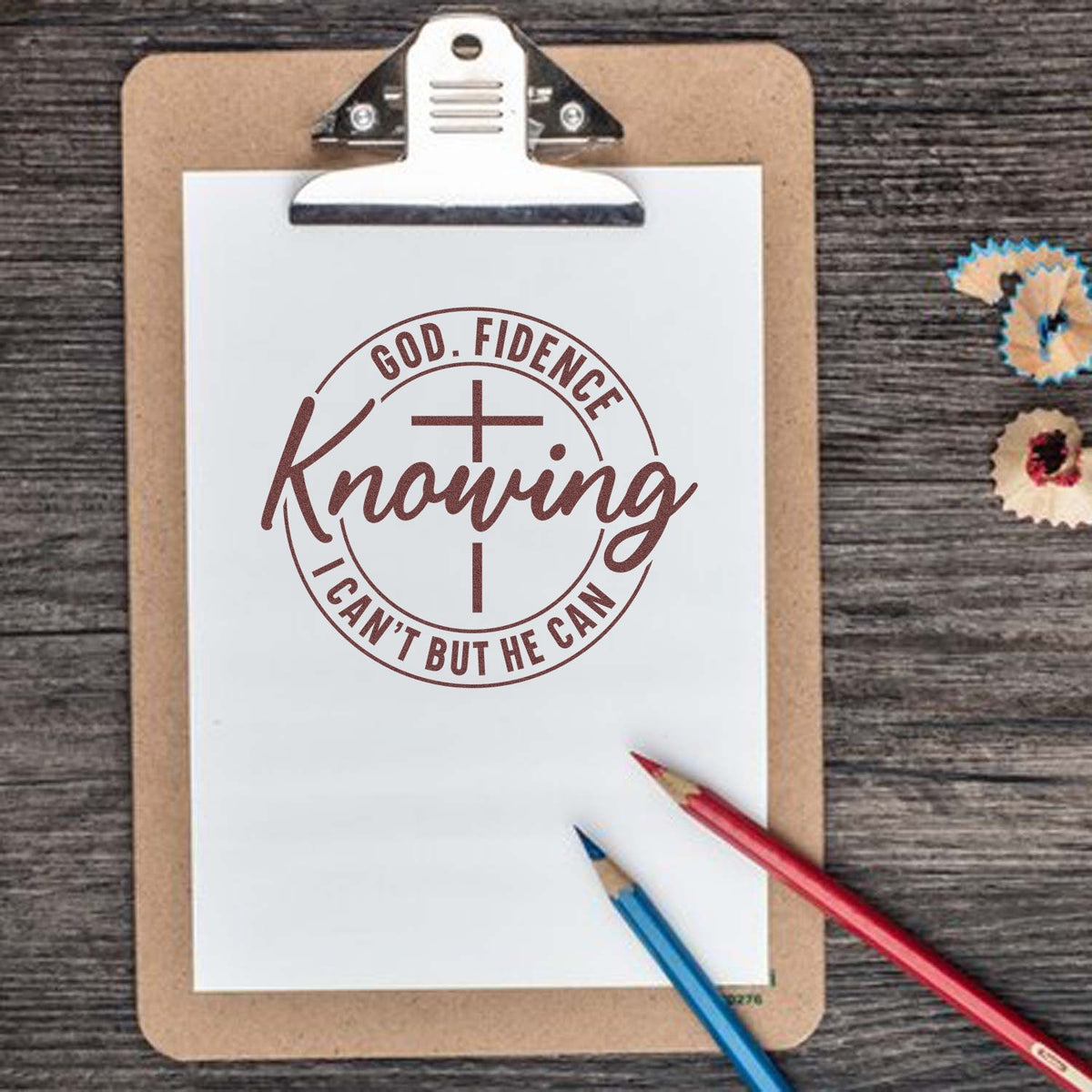 Brown faith stamp and seal on white clipboard, with cross and circular Knowing text, on rustic wood beside red and blue pencils.