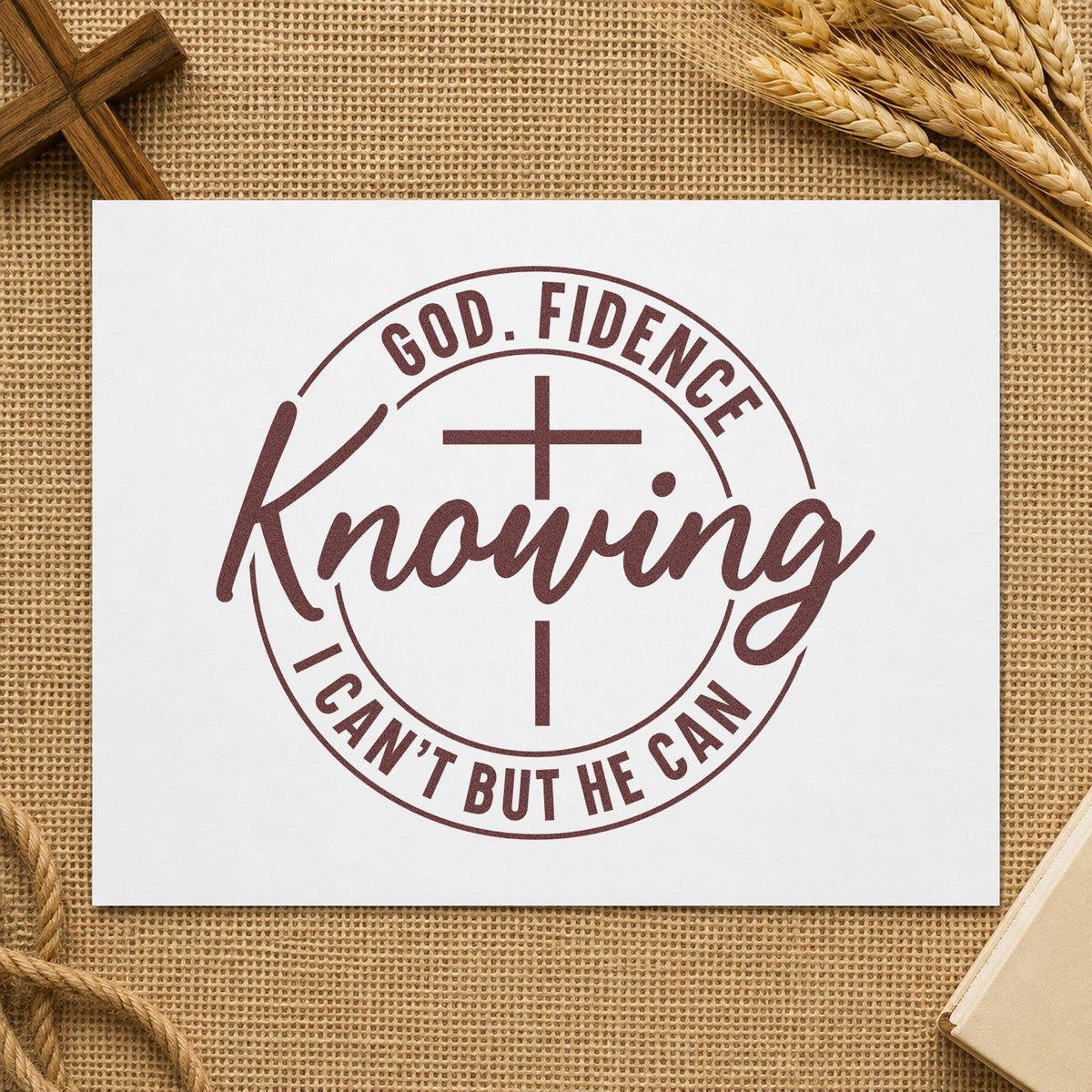 Godfidence Knowing He Can rubber stamp printed in brown ink, ready for scrapbook brave pages and similar paper crafts.