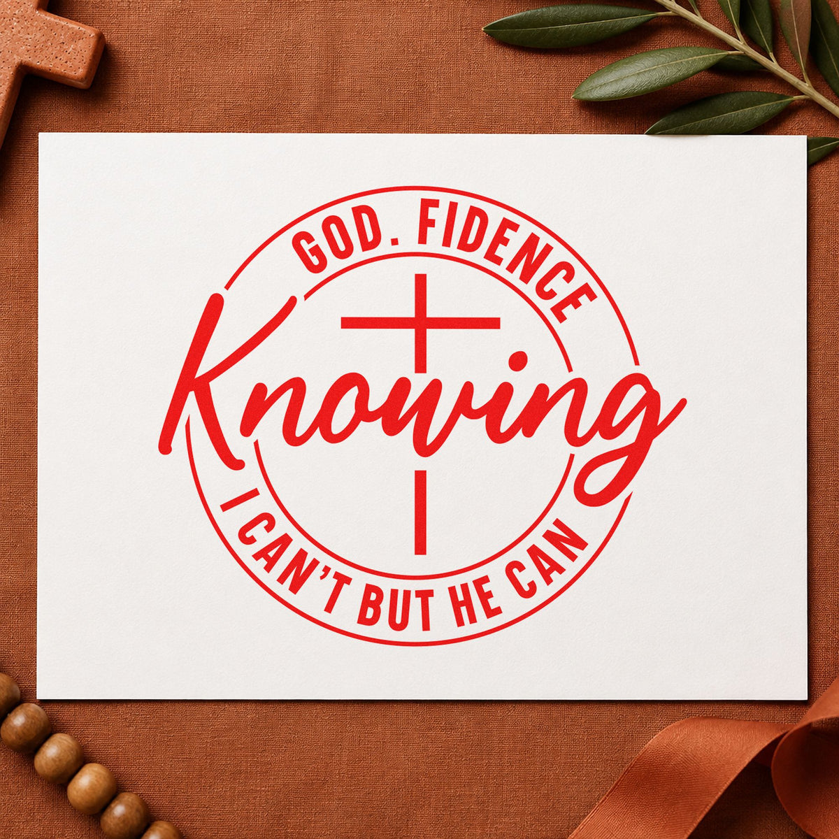 Godfidence Knowing He Can rubber stamp shown in red ink, stamped for projects such as graduation gift tags.