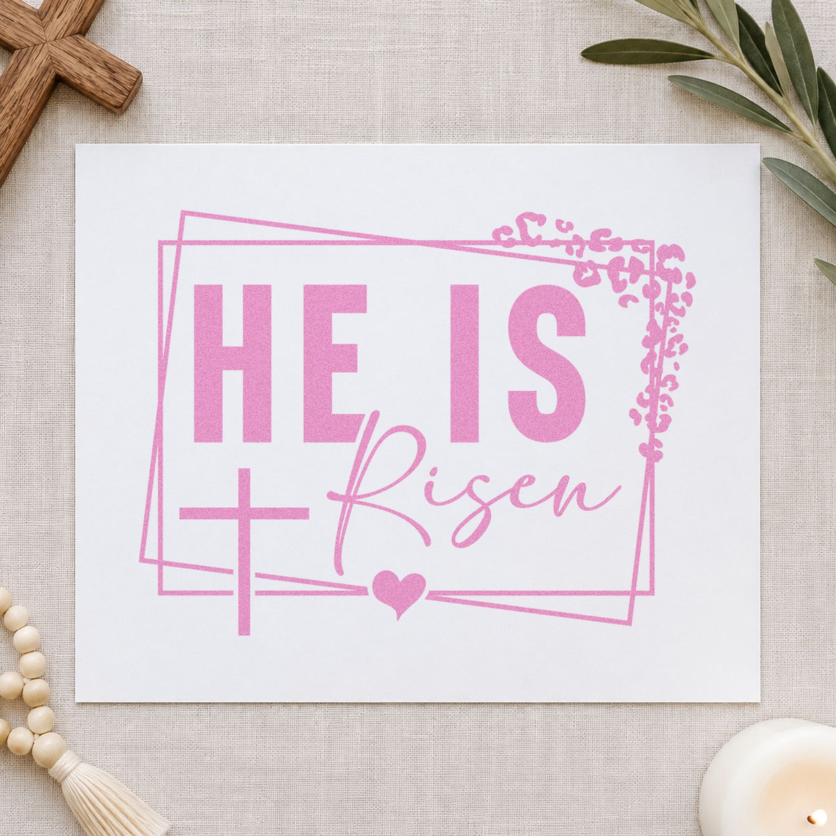 He Is Risen Floral Frame craft stamp in purple ink on cardstock, an easy option for easter table menus.