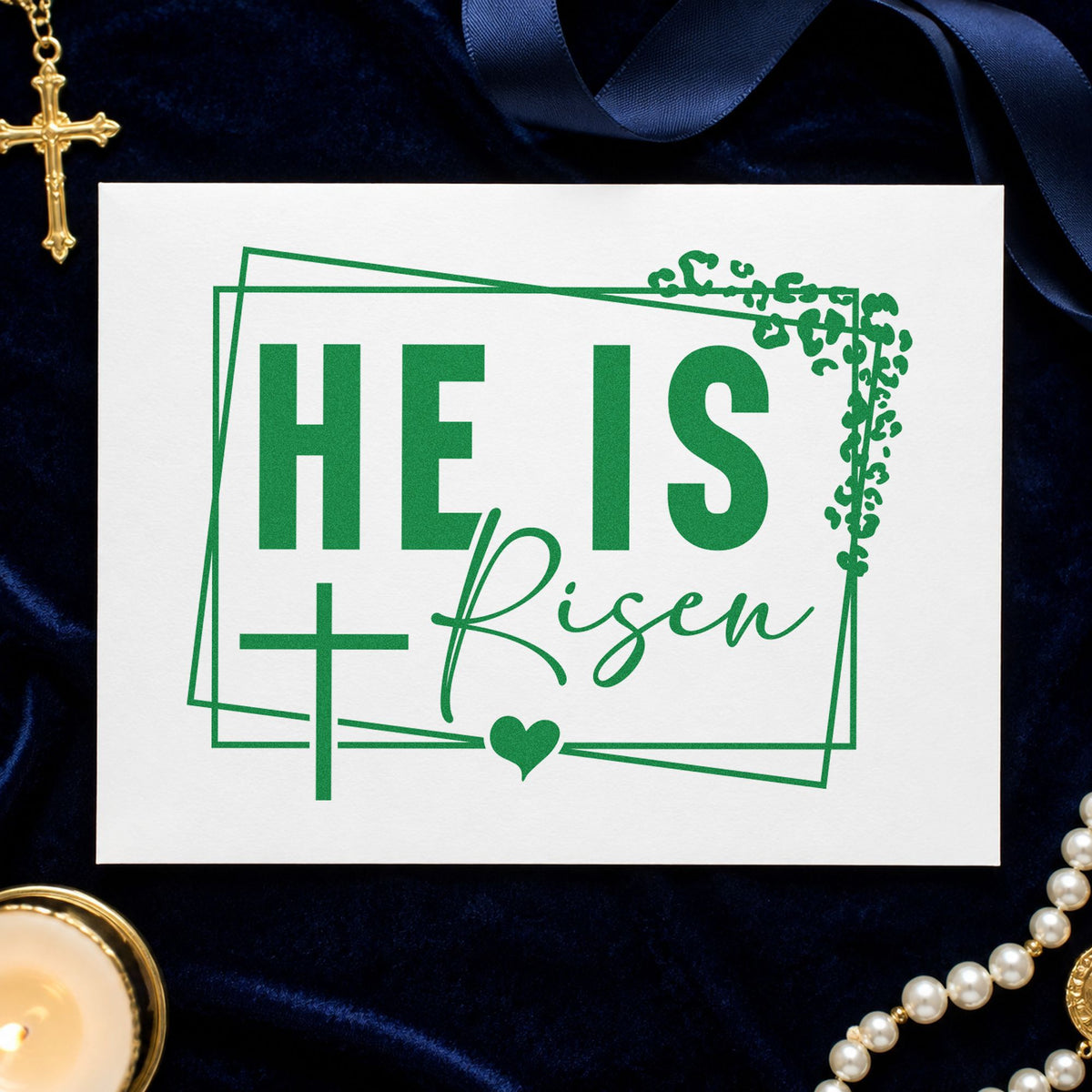 He Is Risen Floral Frame craft stamp imprint in green ink on a handmade project, one idea being scrapbook photo frames.