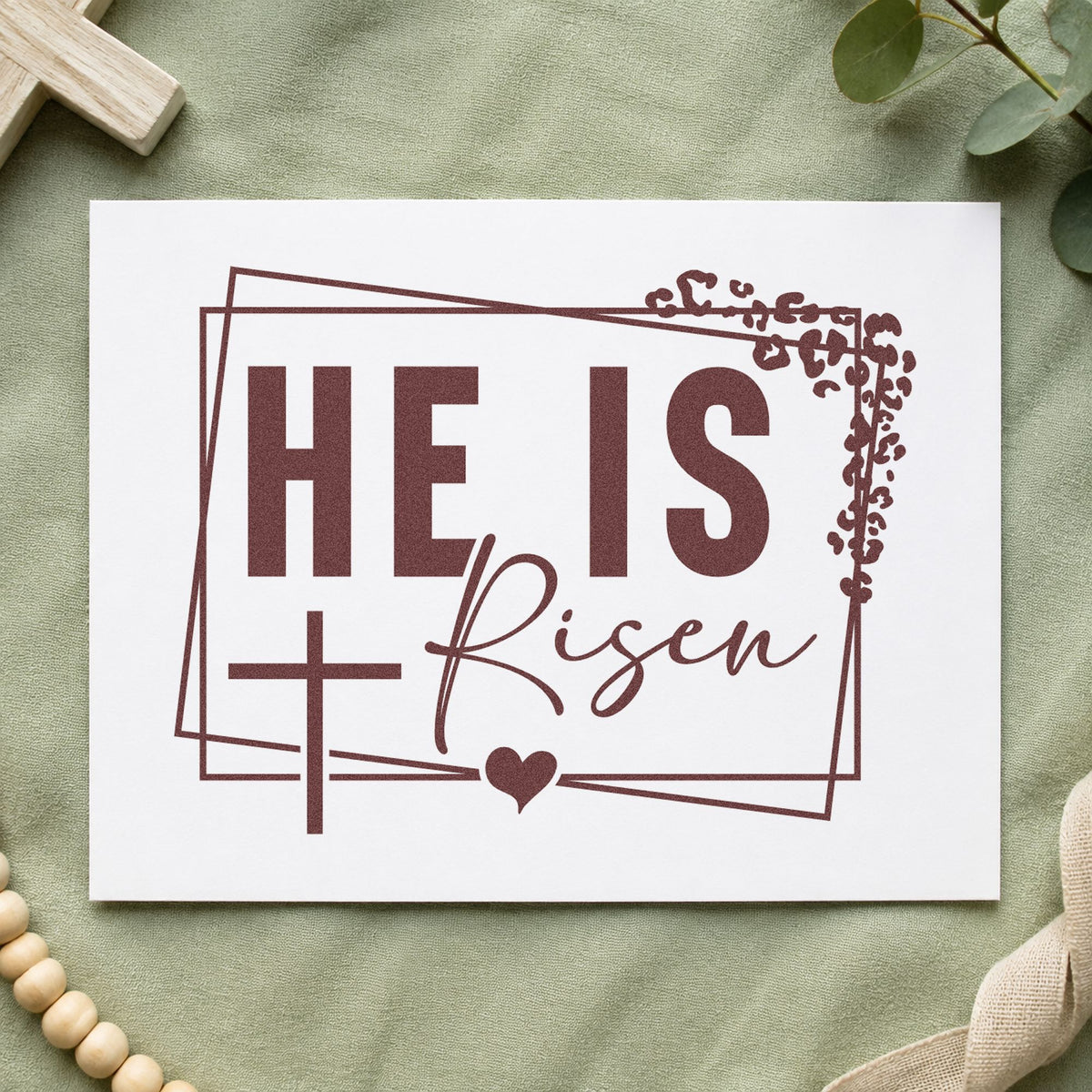 He Is Risen Floral Frame rubber stamp printed in brown ink, ready for gift box labels and similar paper crafts.