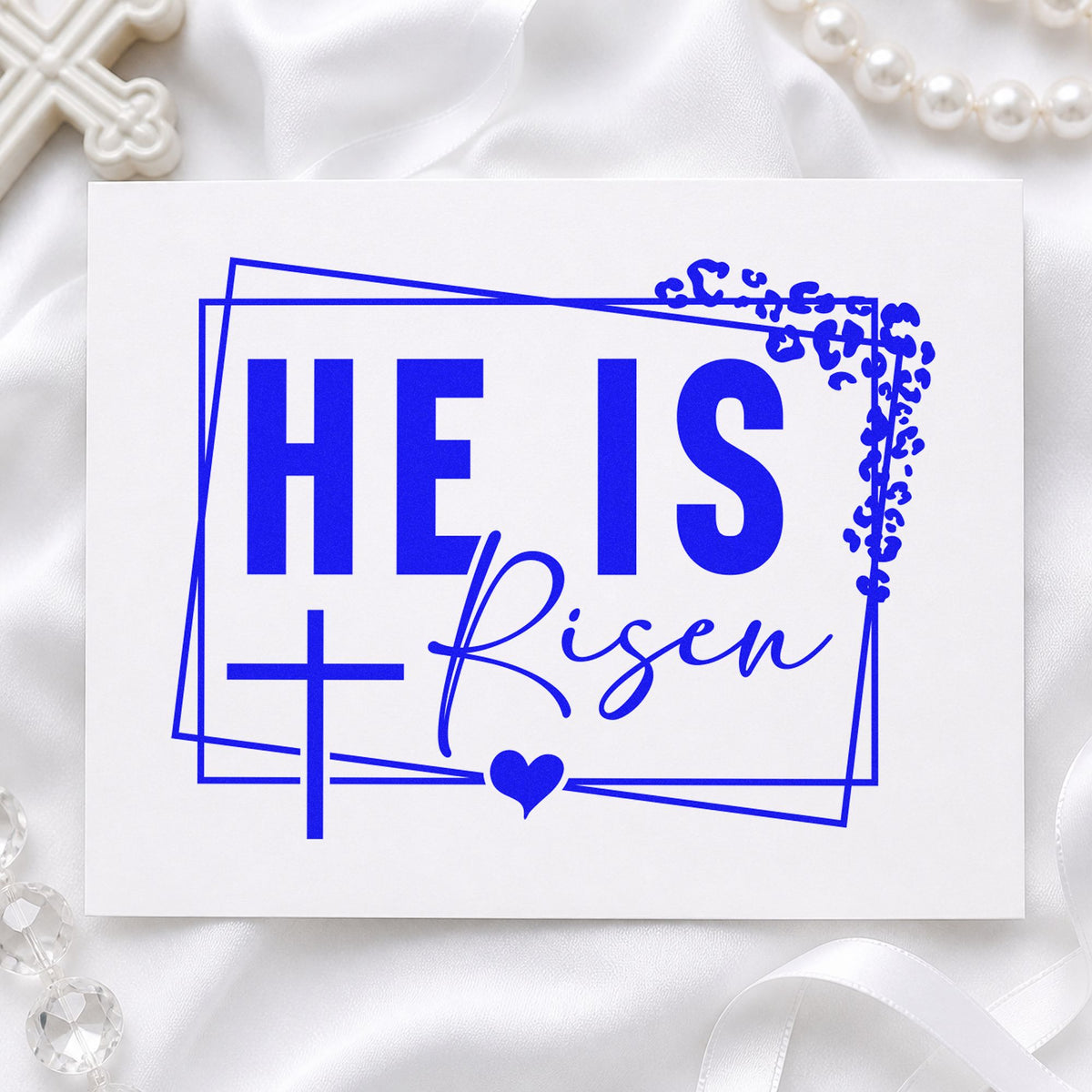 He Is Risen Floral Frame craft stamp imprinted in blue ink on paper, a design suited to spring tote bags.