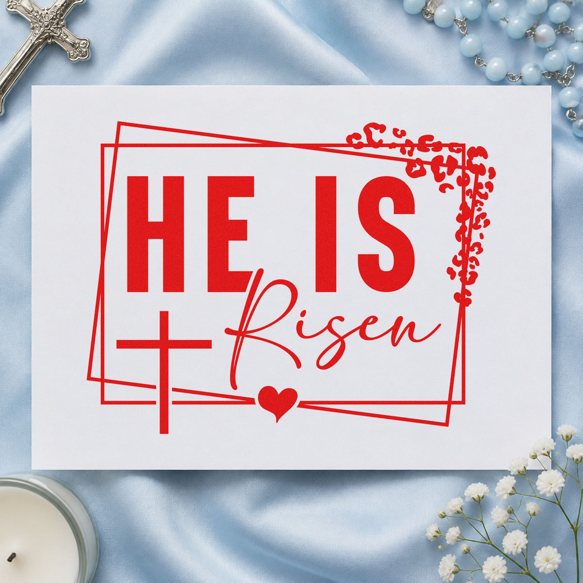 He Is Risen Floral Frame rubber stamp shown in red ink, stamped for projects such as journal cover stamping.