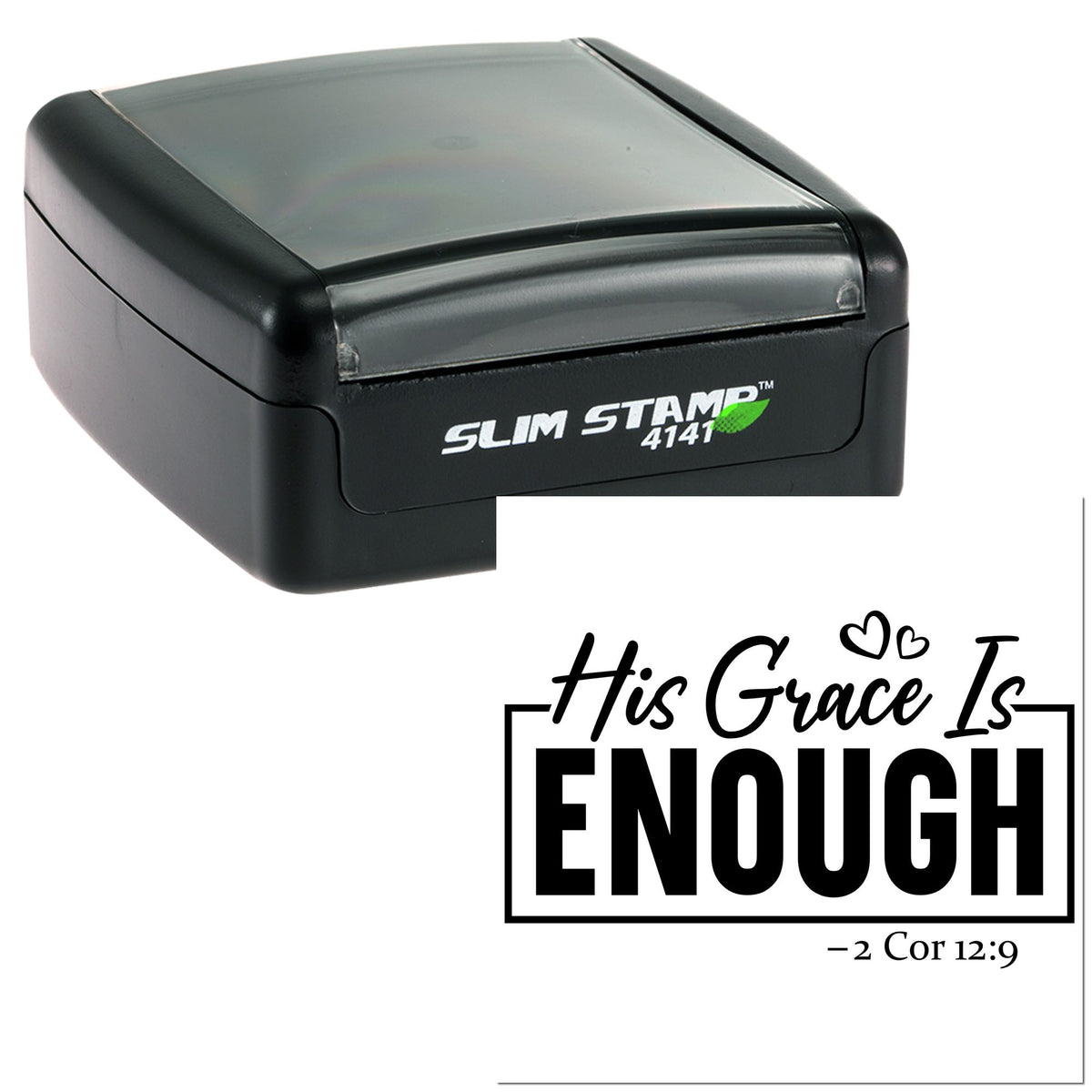 Black self-inking Slim Stamp seal with gray translucent top, showing His Grace Is Enough in bold black script.