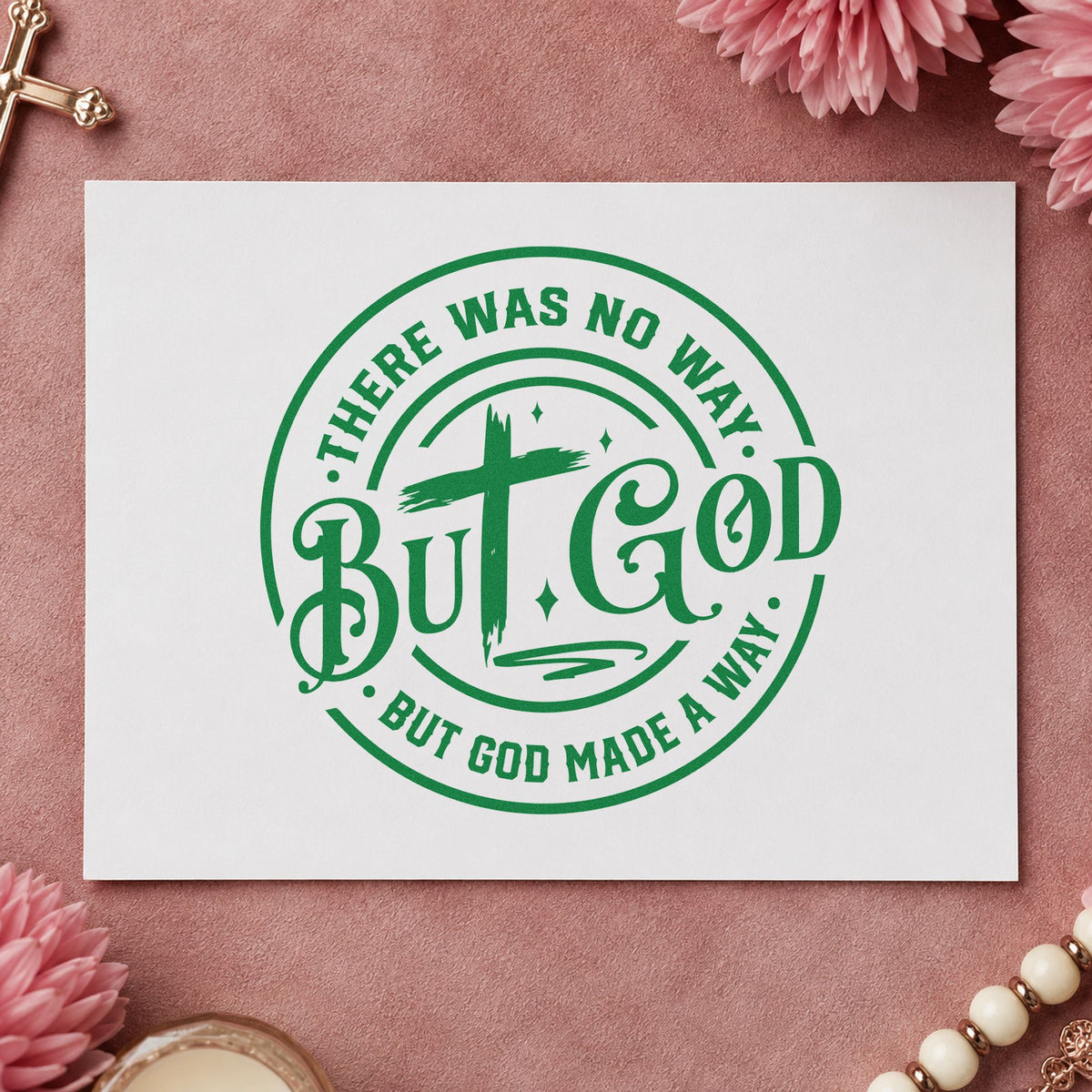But God Circular Cross craft stamp imprint in green ink on a handmade project, one idea being testimony scrapbooks.