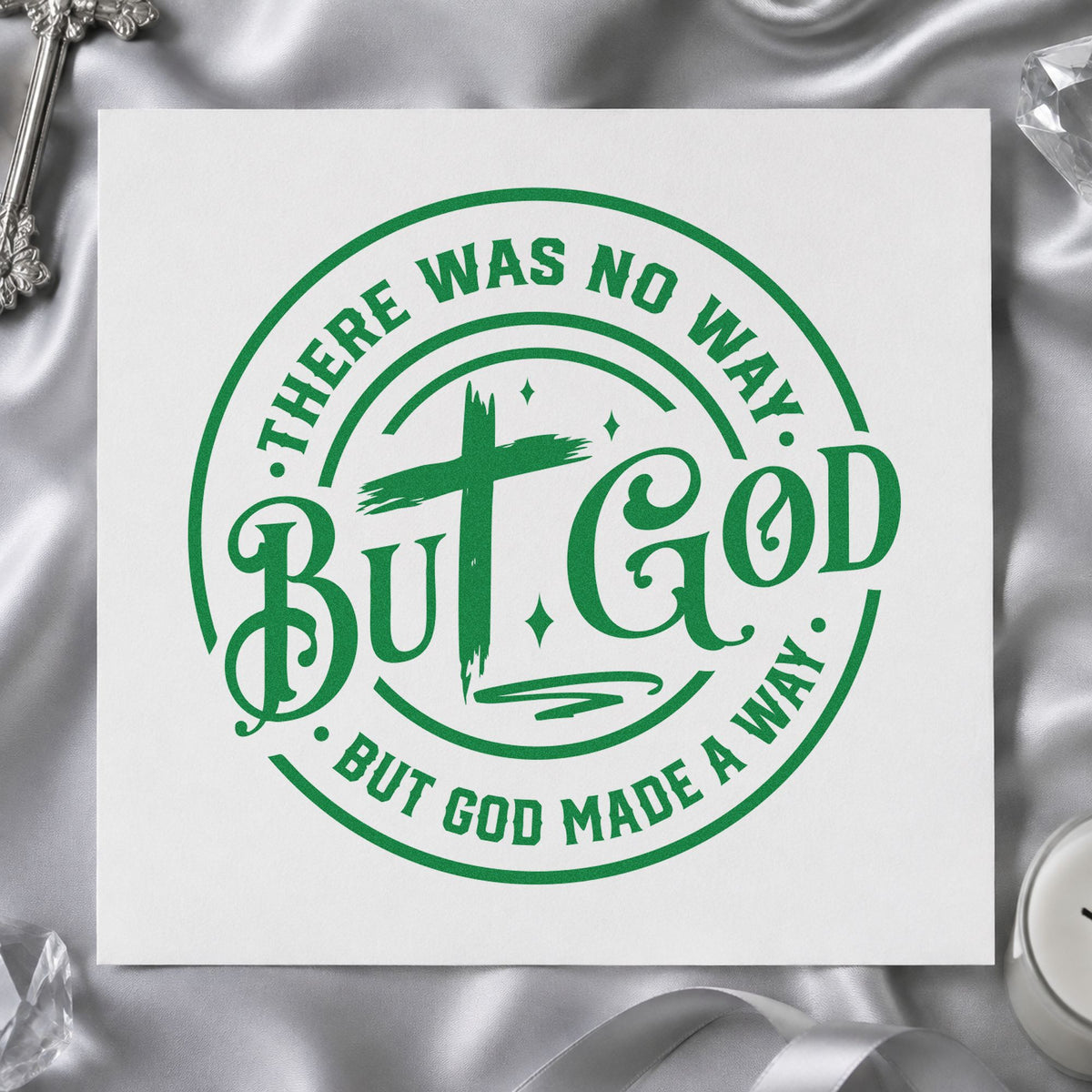 But God Circular Cross craft stamp imprint in green ink on a handmade project, one idea being canvas totes.